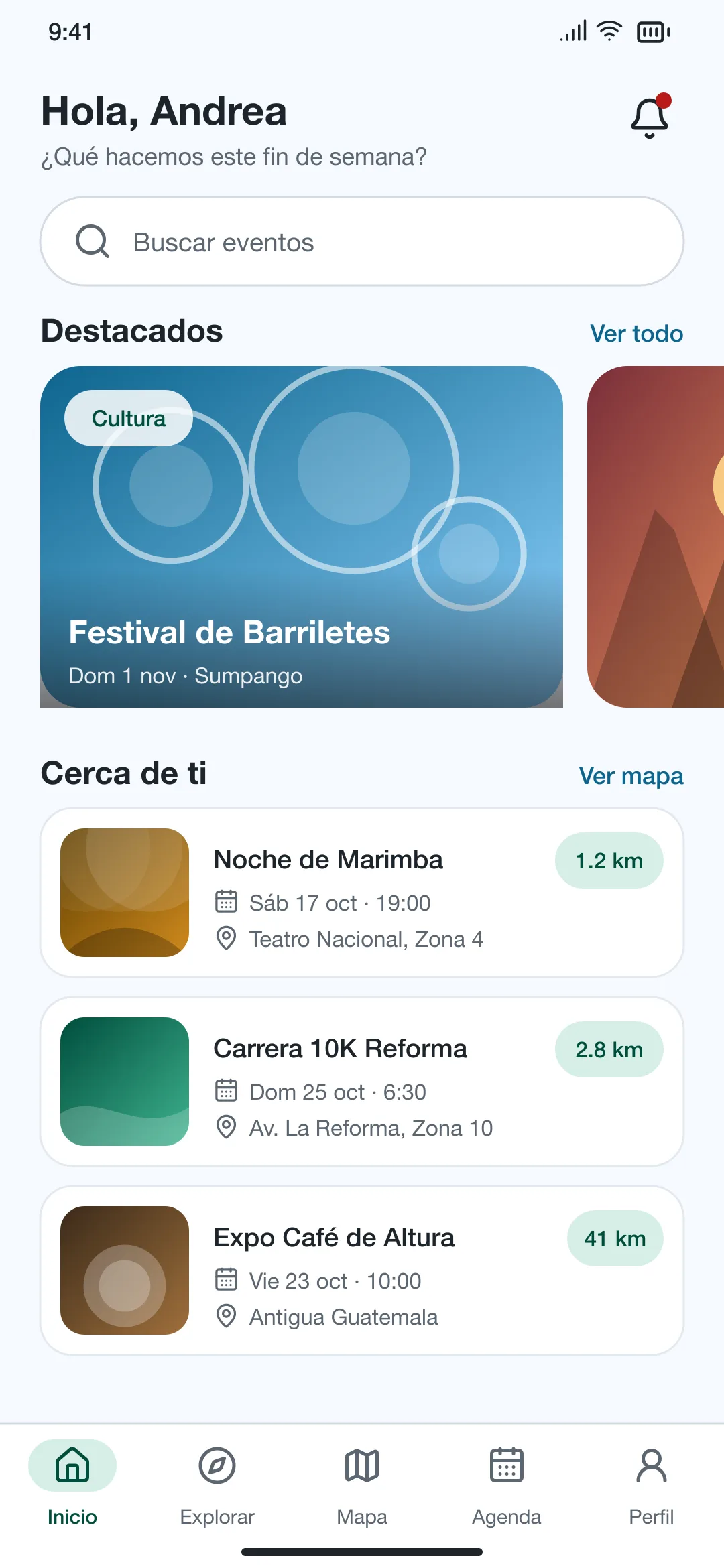 Pantalla de inicio de JChapín con eventos destacados y eventos cerca de ti